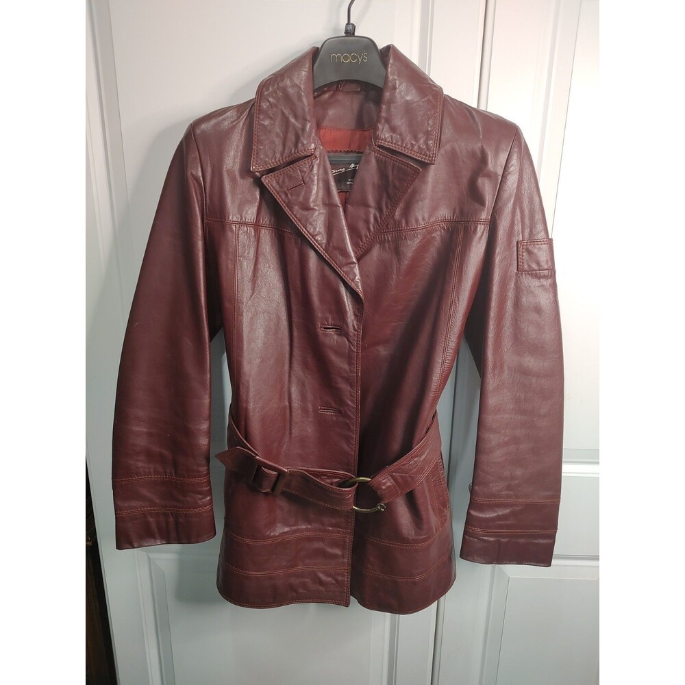 Etienne Aigner Vintage 70s Burgundy Leather Belted Trench Coat Jacket Size 12